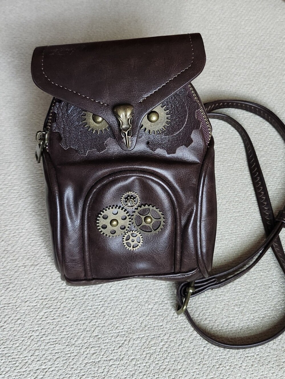 Brown Faux Leather Steampunk Owl Crossbody Belt Bag
